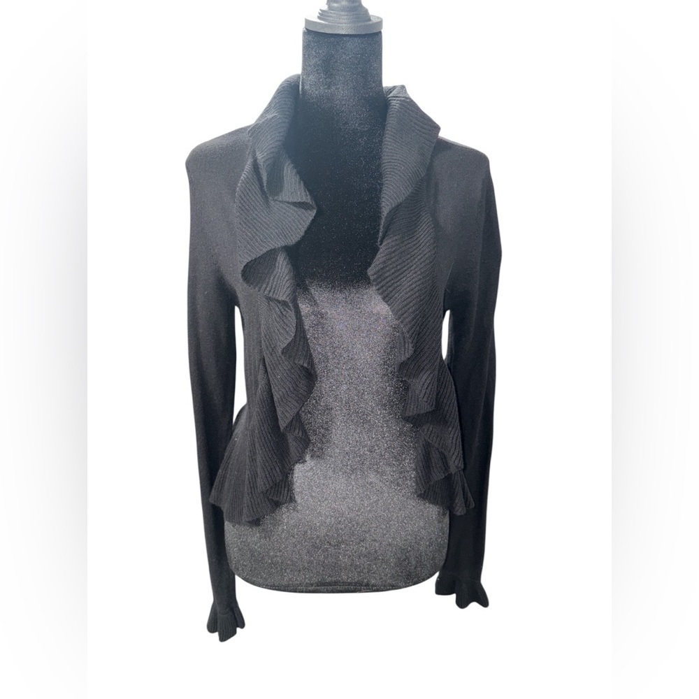 76. White House Black Market Women’s Y2K Ruffled Black Cardigan Size Small